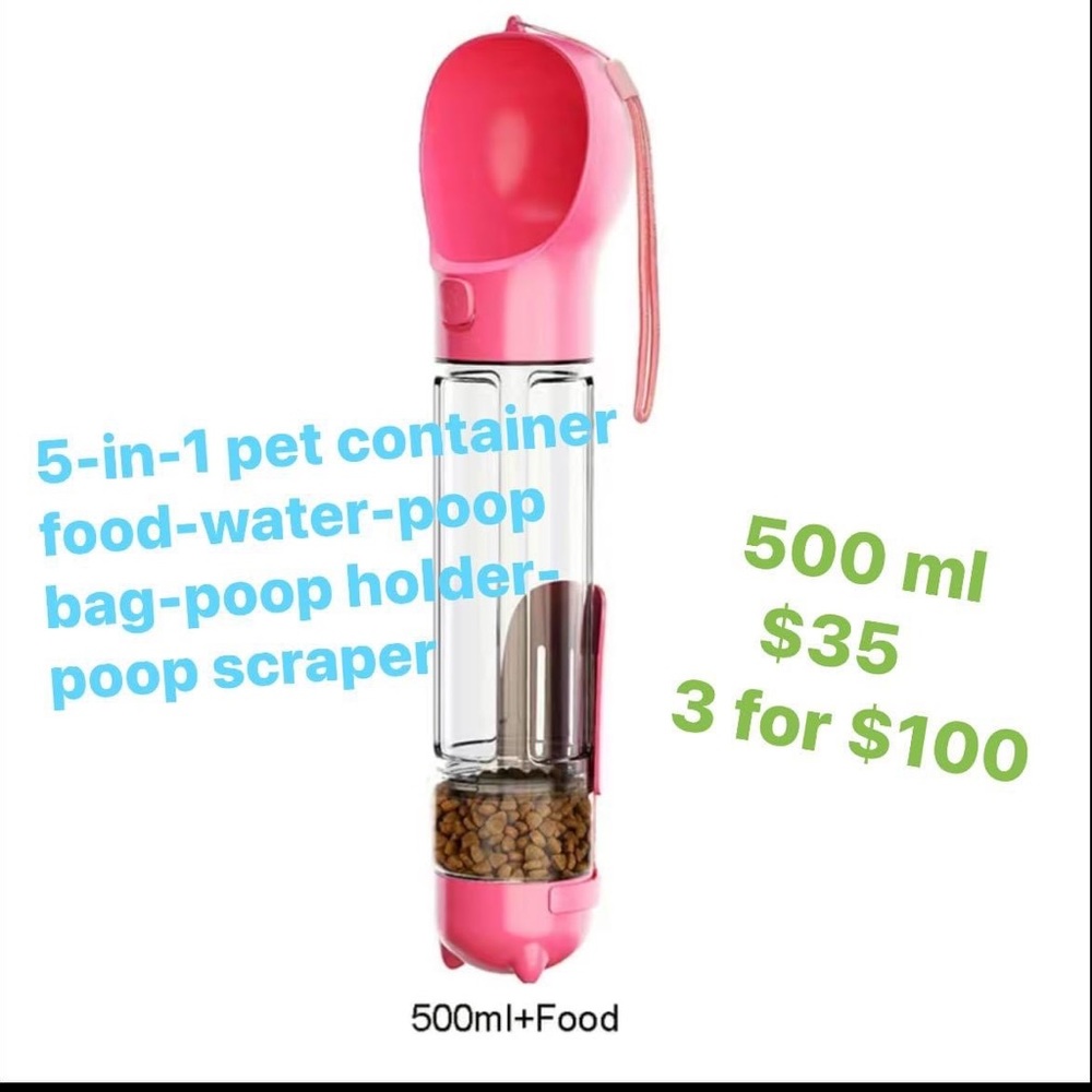 5 in 1 feed container, water dispenser, poop scoop, poop bag dispenser, feeder